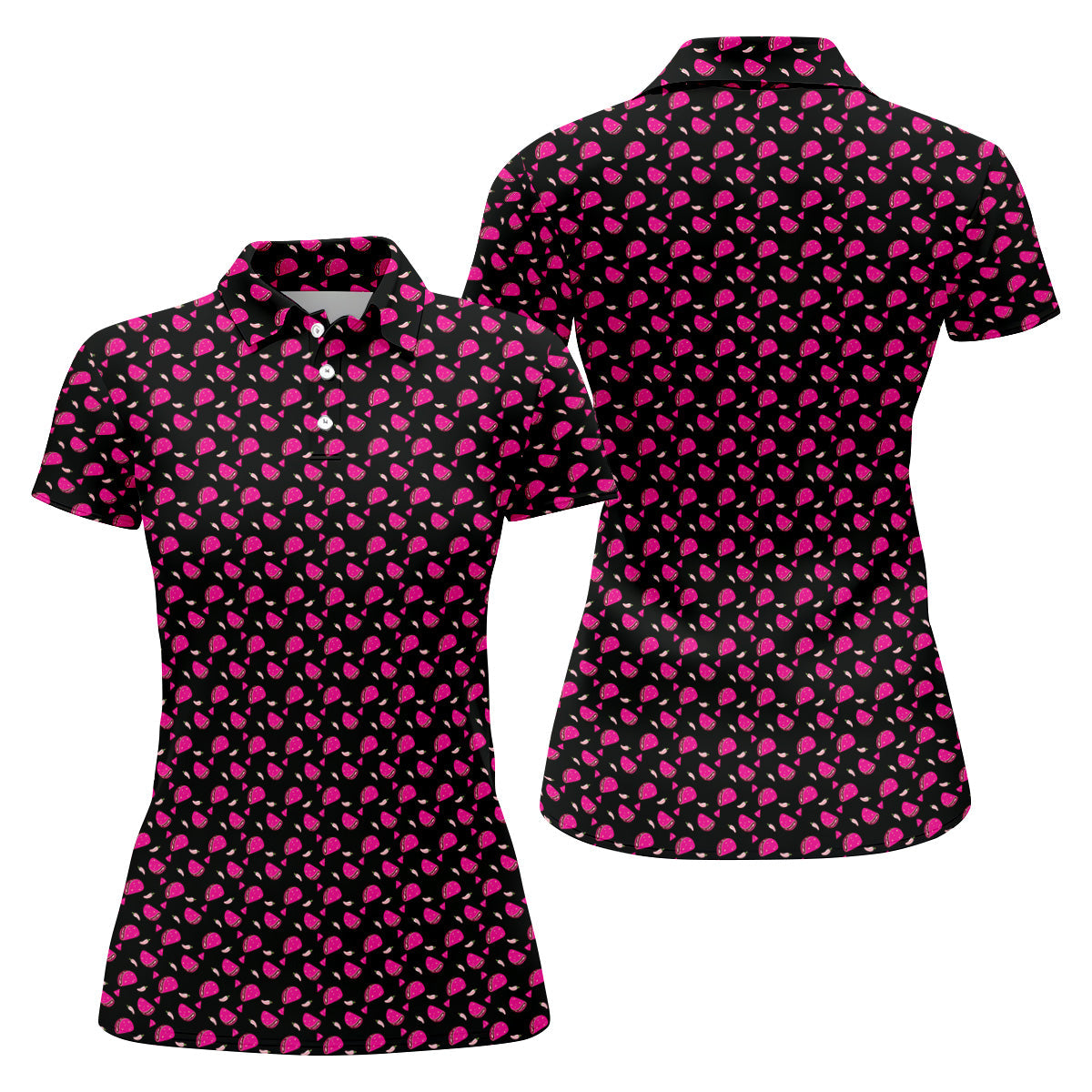 The Pink Taco Seamless Pattern Black Golf Shirt, Women's Golf Tops, Tacos Lover Golf Gift For Ladies