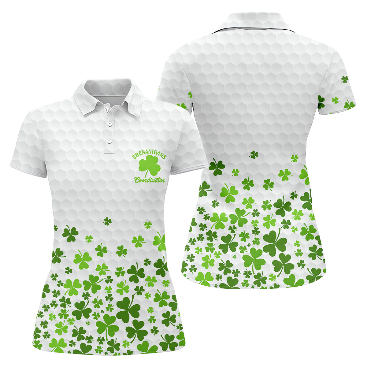 Shenanigans Coordinator Golf Ball Pattern St Patrick Day White Golf Shirt, Women's Golf Tops, Ladies Golf Polos