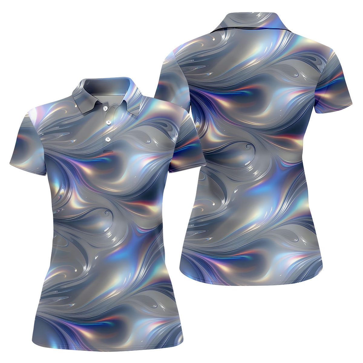 Silver Marble Golf Shirt, Futuristic Holographic Wave Pattern, Golf Shirt For Women