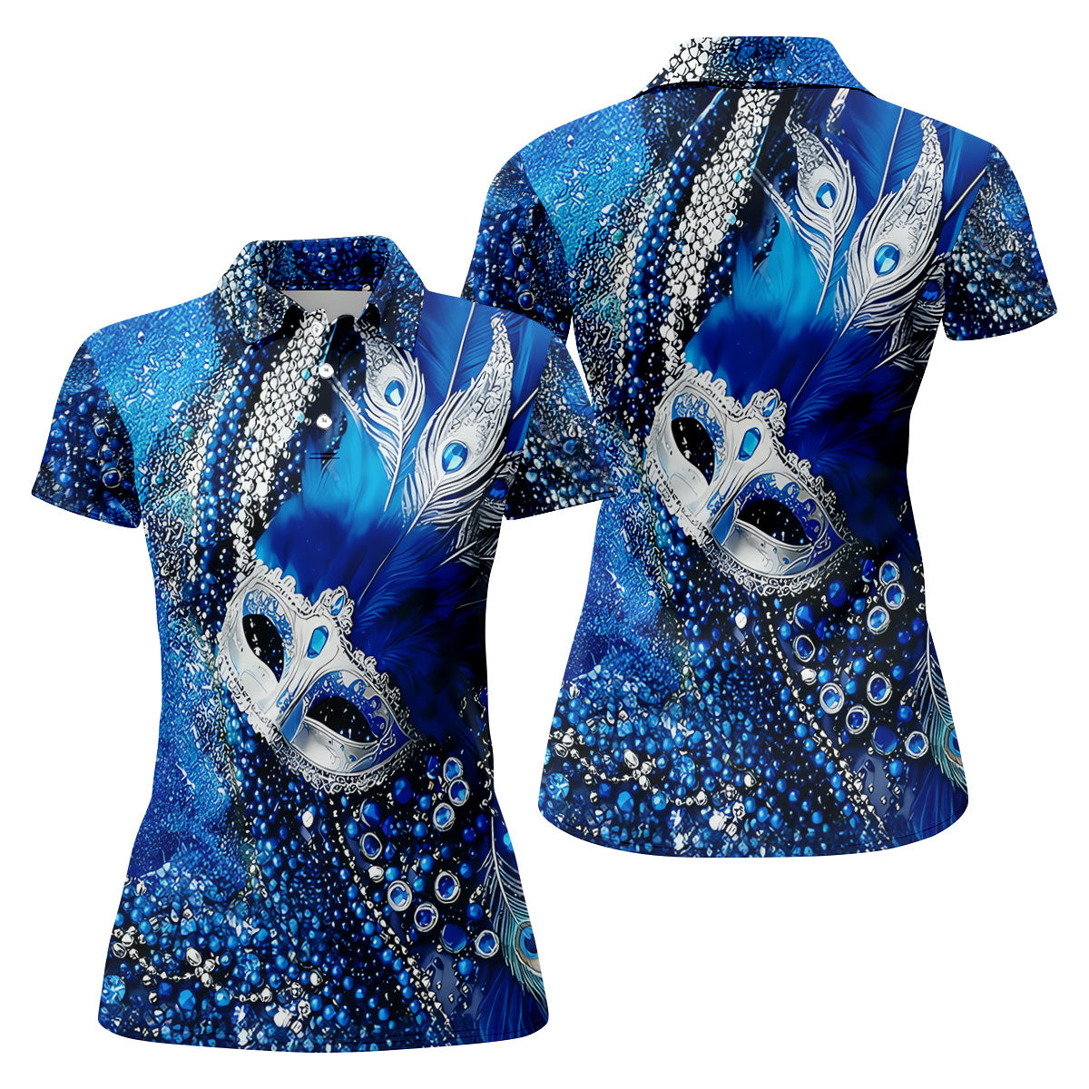 Mardi Gras Masquerade Mask Feather Beads Blue Golf Shirt, Women's Golf Tops, Ladies Golf Polos
