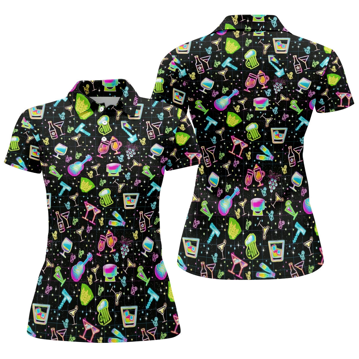 Neon Cocktail Party Pattern Golf Shirt, Women's Golf Shirt, Hawaiian Golf Shirt