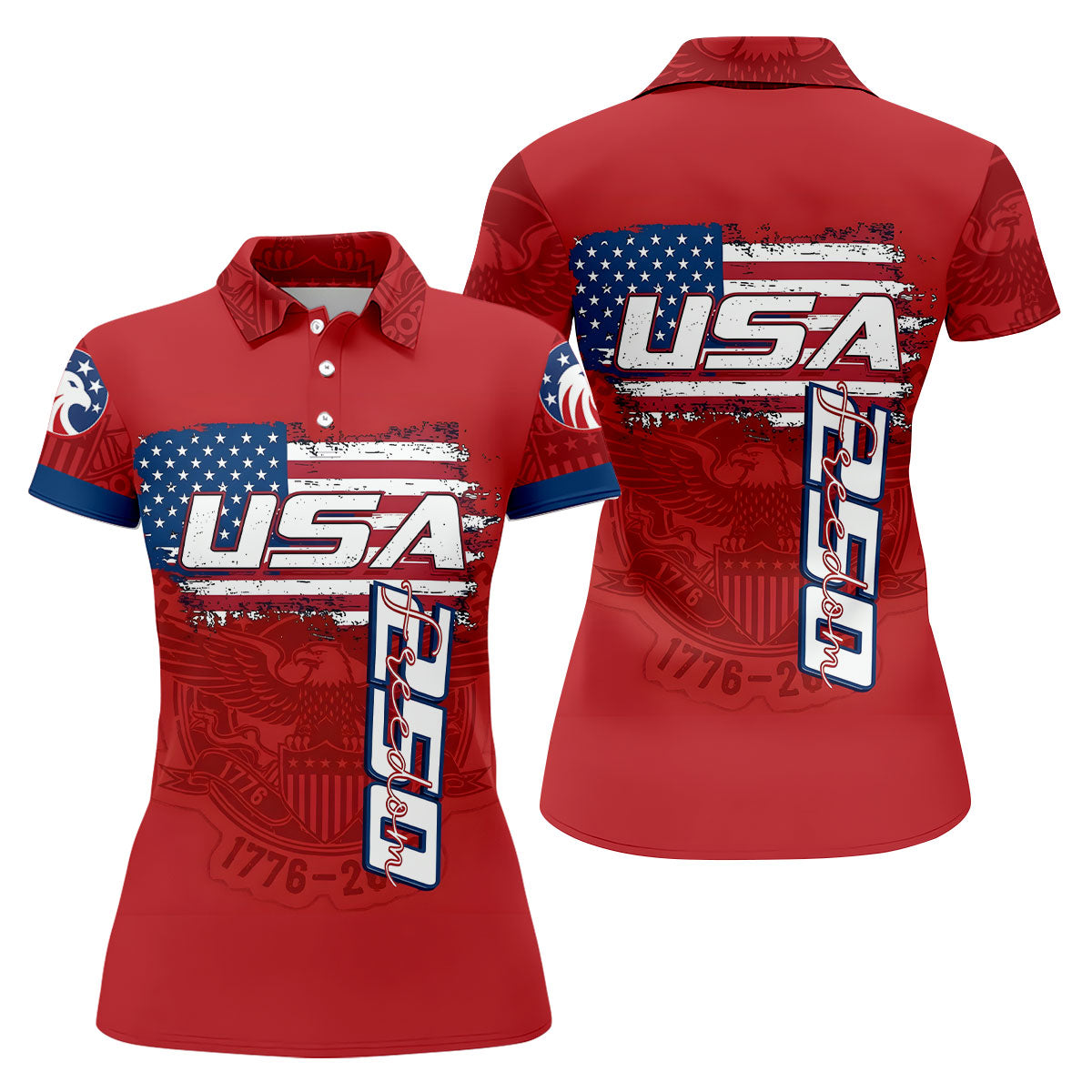 USA 250 Freedom Flag And Bald Eagle Ladies Golf Tops, Patriotic 4th Of July Golf Shirt For Women