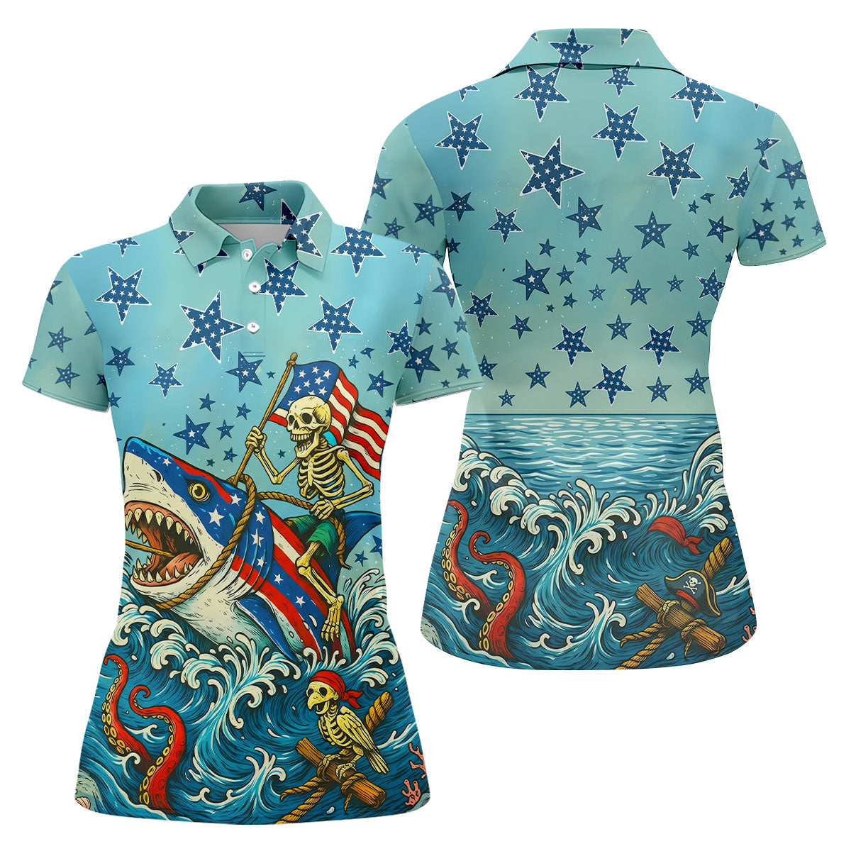 Skeleton Riding Shark Patriotic Golf Shirt, 4th Of July Golf Shirt, 250 Years Golf Shirt For Women
