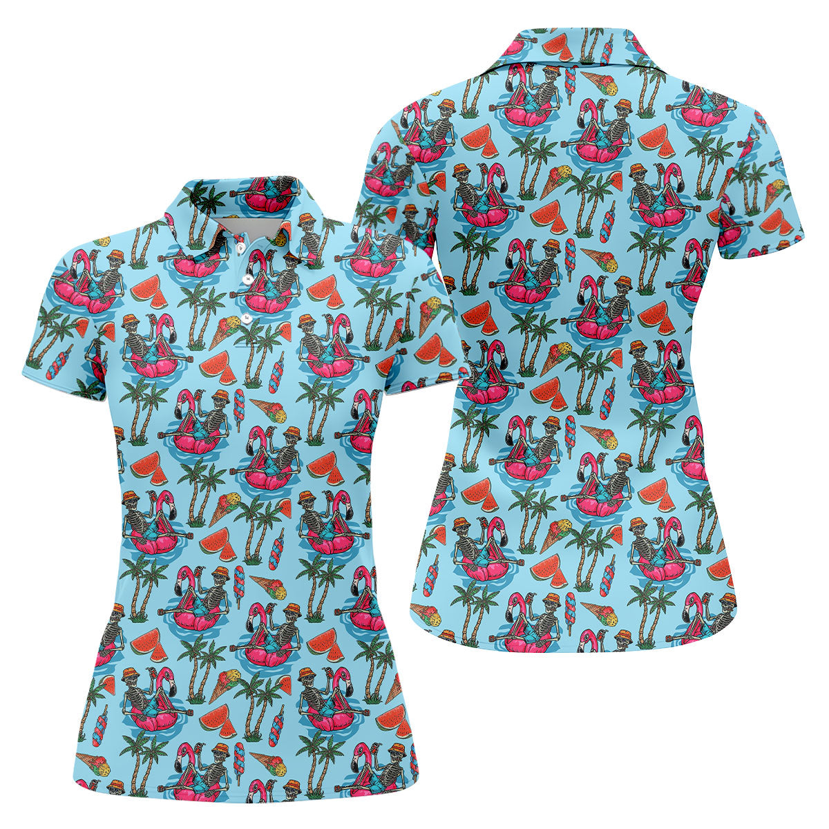 Skeleton Flamingo Summer Vibe Retro Golf Shirt, Fun Women's Golf Shirts, Golf Shirt For Women, Ladies Golf Shirts
