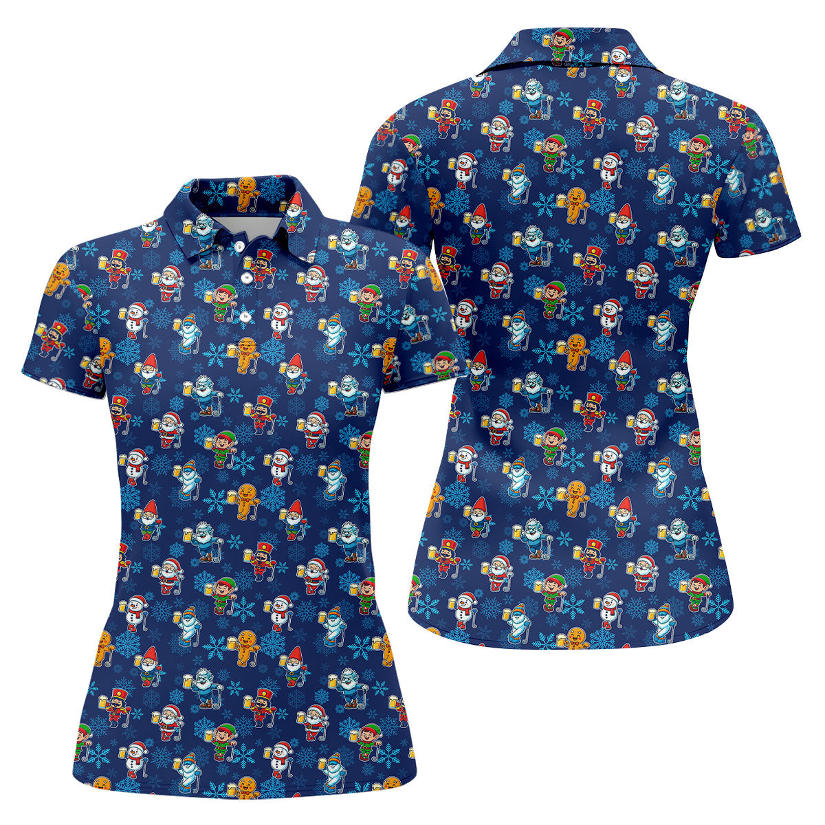 Christmas Characters Golf And Beer Navy Women's Funny Golf Shirts, Christmas Golf Shirt, Polo ShirtFor Women