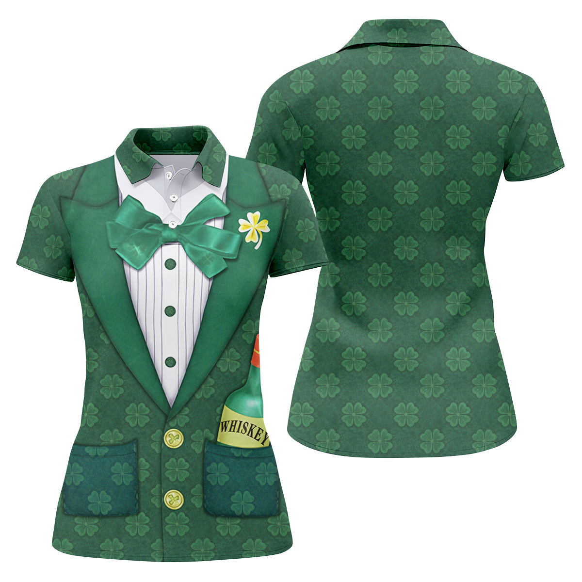 St Patrick's Day Green Shamrock Suit Whiskey Golf Print Golf Shirt, Women's Golf Tops, Ladies Golf Polos