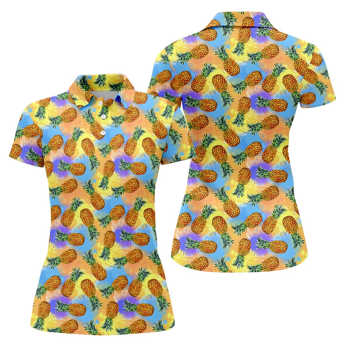 Colorful Pineapple Tropical Pattern Golf Shirt, Women's Golf Shirt, Golf Polo For Women, Ladies Golf Shirt