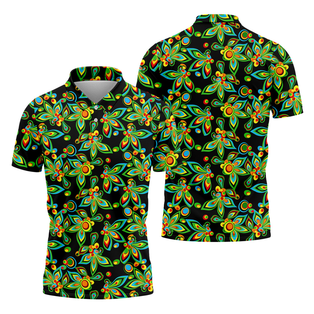 Black Colorful Floral Geometric Pattern Golf Shirt, Men's Golf Shirt, Golf Apparel For Men, Polo Shirts For Men
