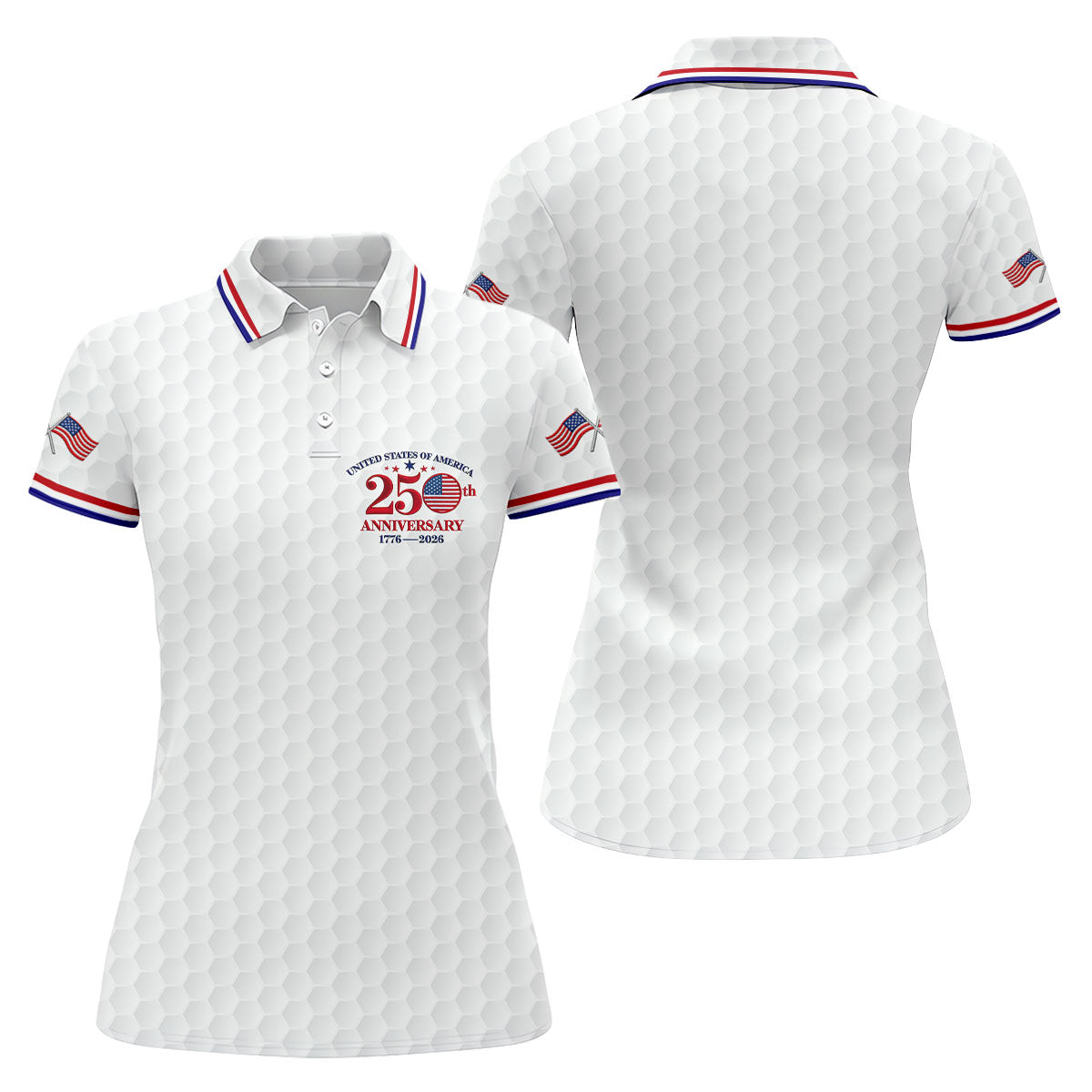 USA 250th Anniversary Golf Ball Pattern White Golf Shirt, 4th Of July Patriotic Golf Shirt For Women