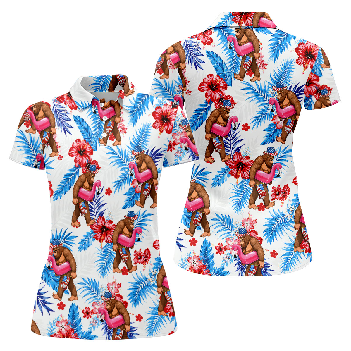 Bigfoot Flamingo Float Tropical Hawaiian Golf Shirt, Hawaiian Golf Shirt, Golf Tops For Women