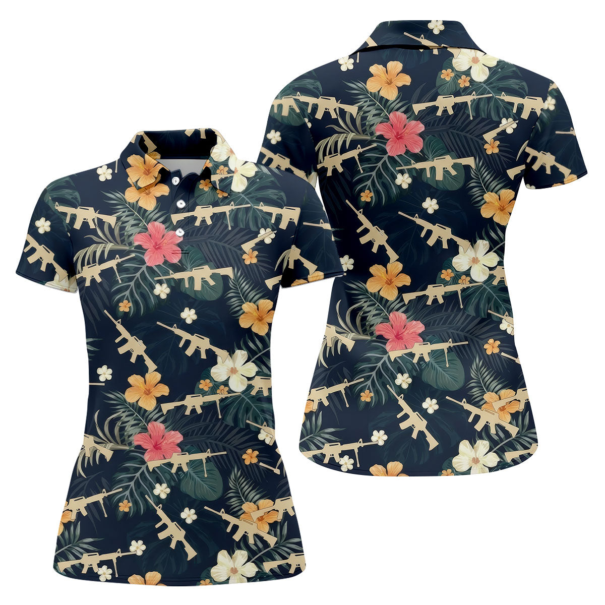 Colorful Hibiscus Tree With Army Theme Women Golf Top, Ladies Golf Shirts, Golfing Apparel