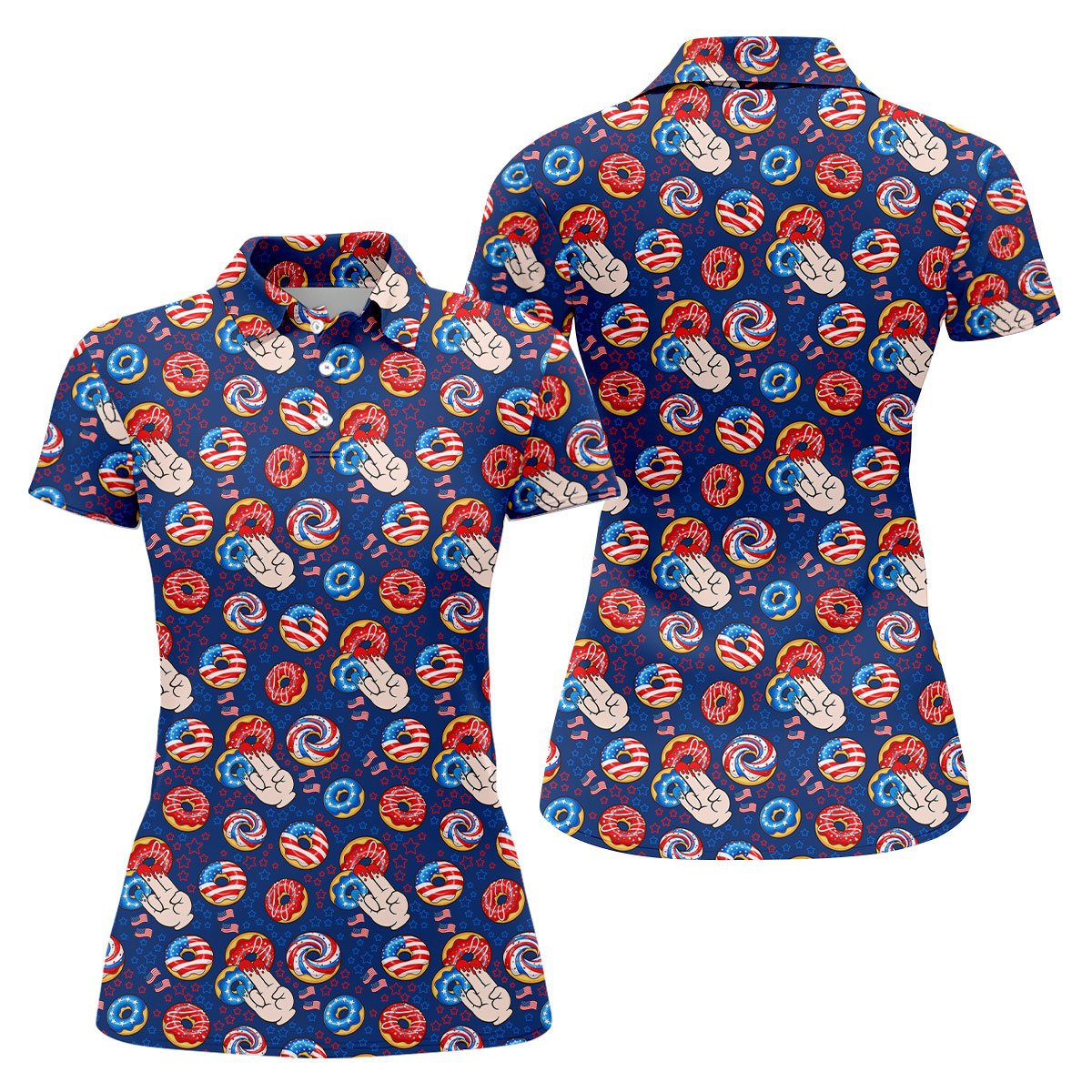 Donut Finger Funny Dirty American Flag Pattern Blue Women Golf Top, 250th Anniversary Patriotic Golf Shirt