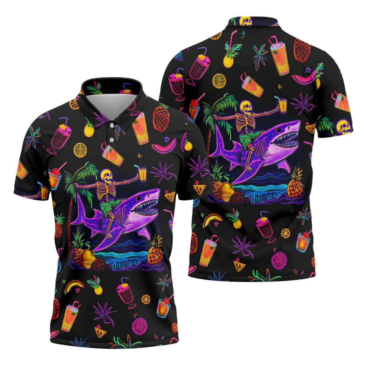 Neon Shark Beach Party Pattern Hawaiian Golf Shirt, Golf Shirts For Men, Polo Shirts For Men