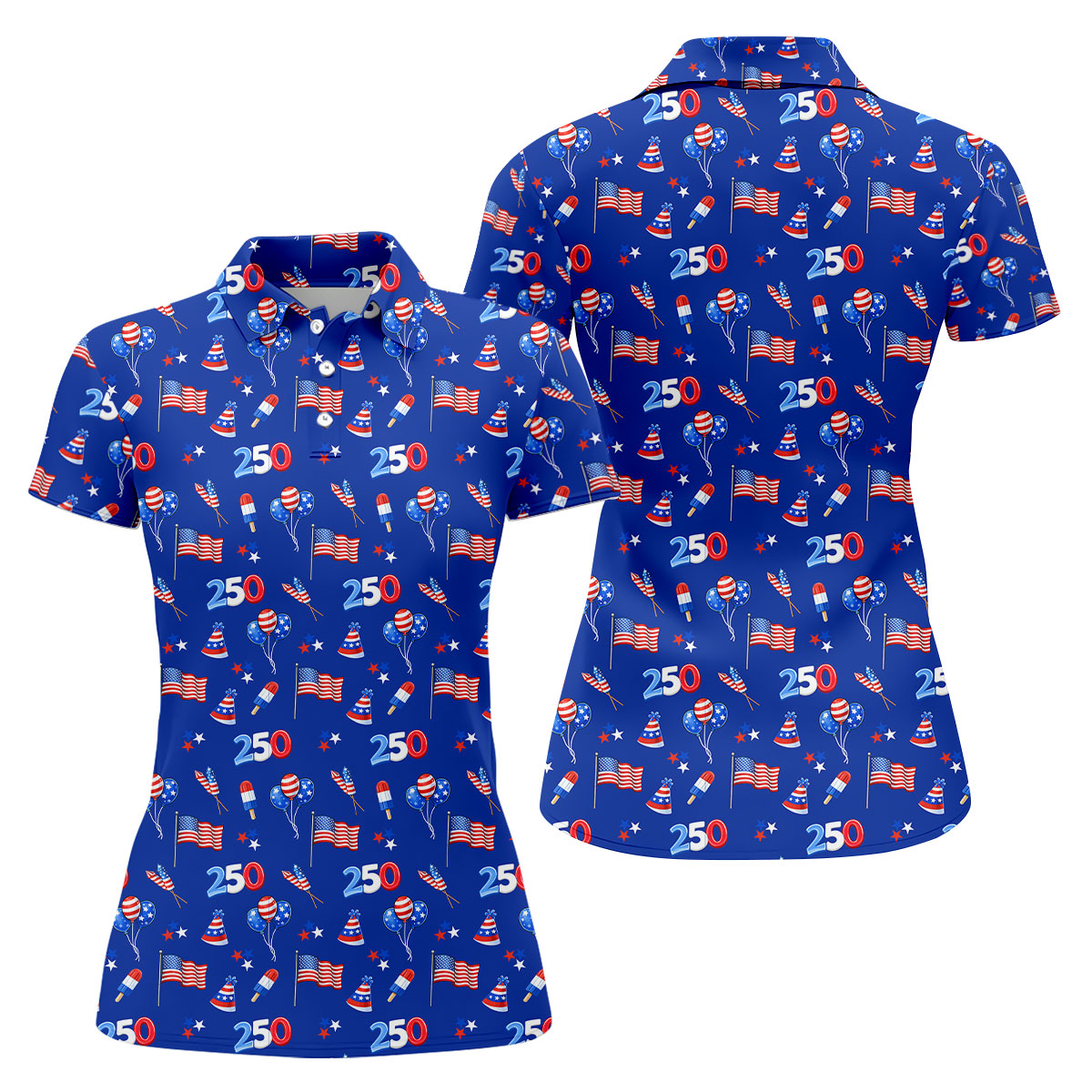 American Flags Balloon Hats Seamless Pattern 250th Anniversary Golf Shirt For Women, Patriotic Golf Shirt