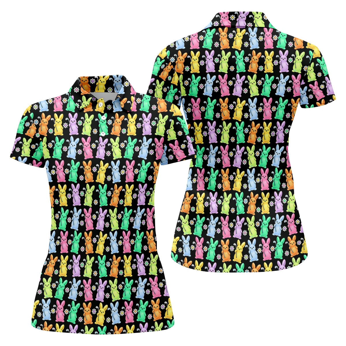 Colorful Easter Bunny Black Golf Shirt, Cute Golf Outfit, Women's Golf Tops, Ladies Golf Shirts