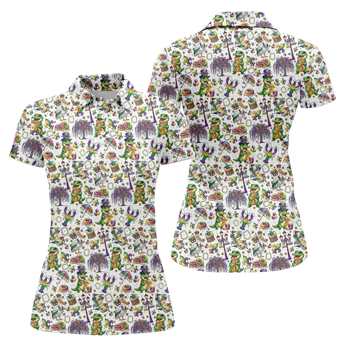 Mardi Gras Fleur De Lis Animal Band White Golf Shirt, Women's Golf Shirts, Ladies Golf Polos