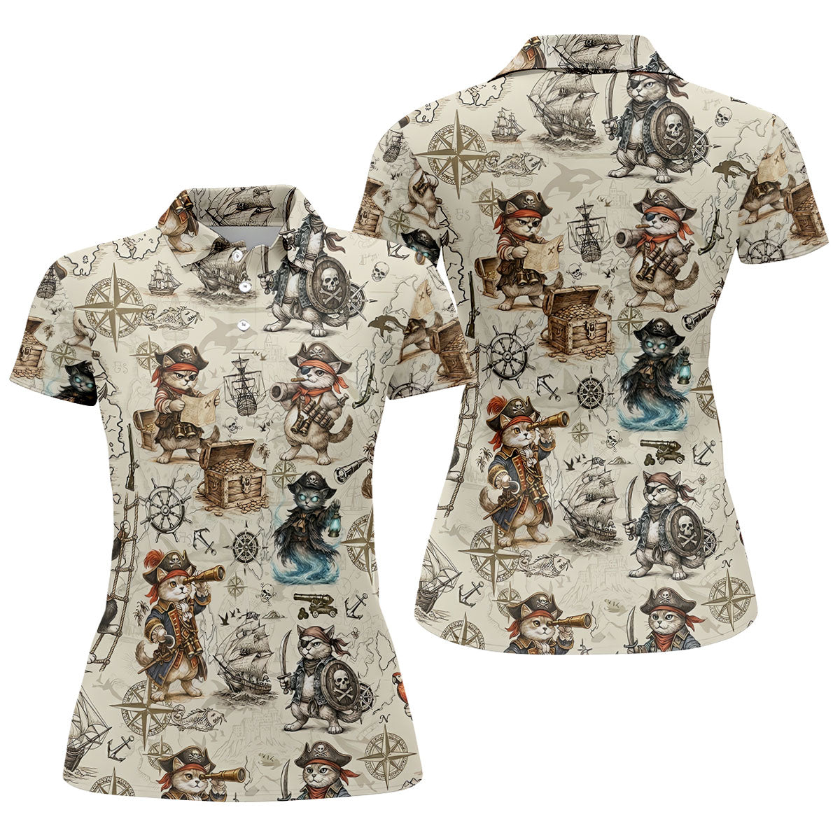 Vintage Pirate Cat Treasure Map Adventure Golf Shirt, Women's Golf Shirt, Golf Polo For Women, Golf Shirts For Women
