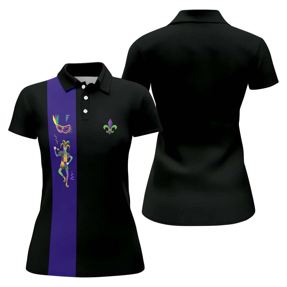 Mardi Gras Festival Jester Figure Fleur De Lis Symbol Black Golf Shirt, Women's Golf Tops, Ladies Golf Polos