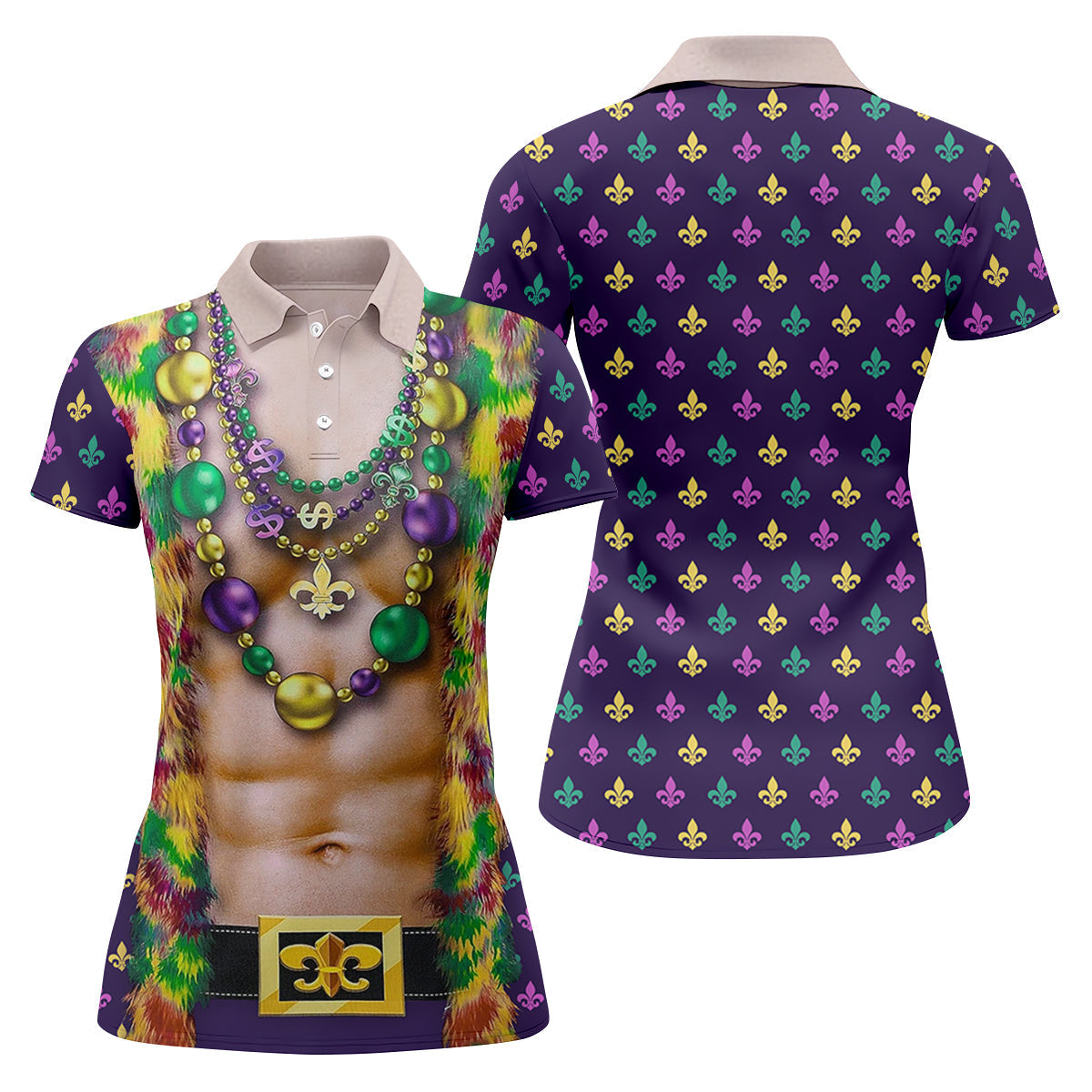 Green Purple Gold Fleur De Lis Symbol Fun Suit Mardi Gras Print Golf Shirt, Fun Women's Golf Shirts, Ladies Golf Polos
