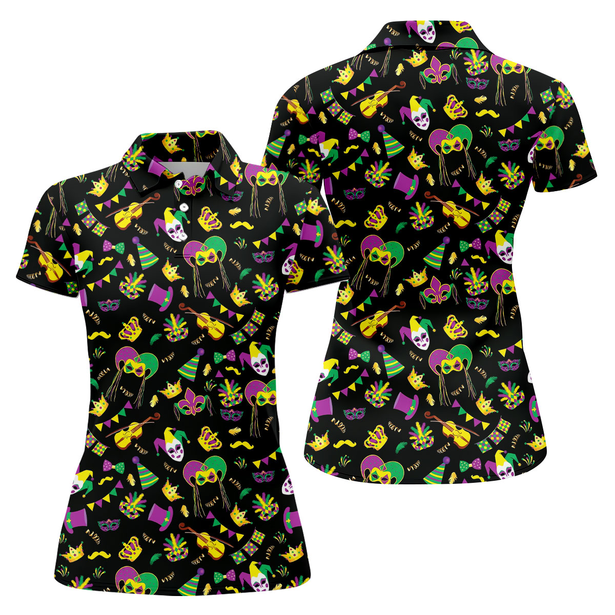 Festive Mask Purple Green Gold Mardi Gras Golf Shirt, Women's Golf Tops, Ladies Golf Polos