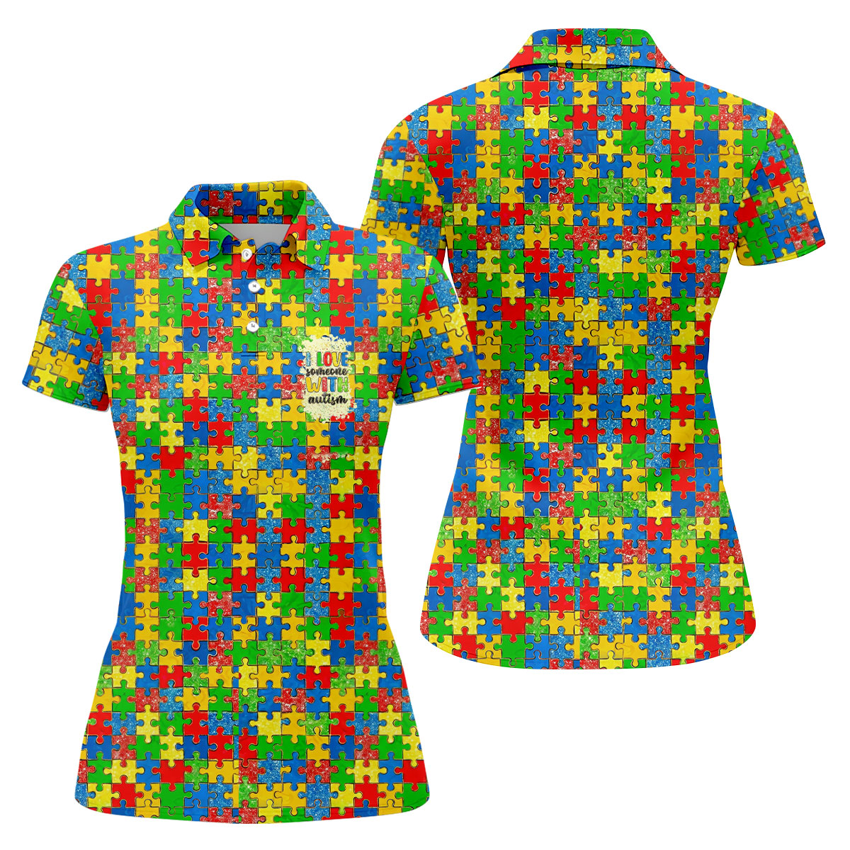 I Love Someone With Autism Colorful Puzzle Pattern Golf Shirt For Women, Autism Awareness Ladies Golf Polos