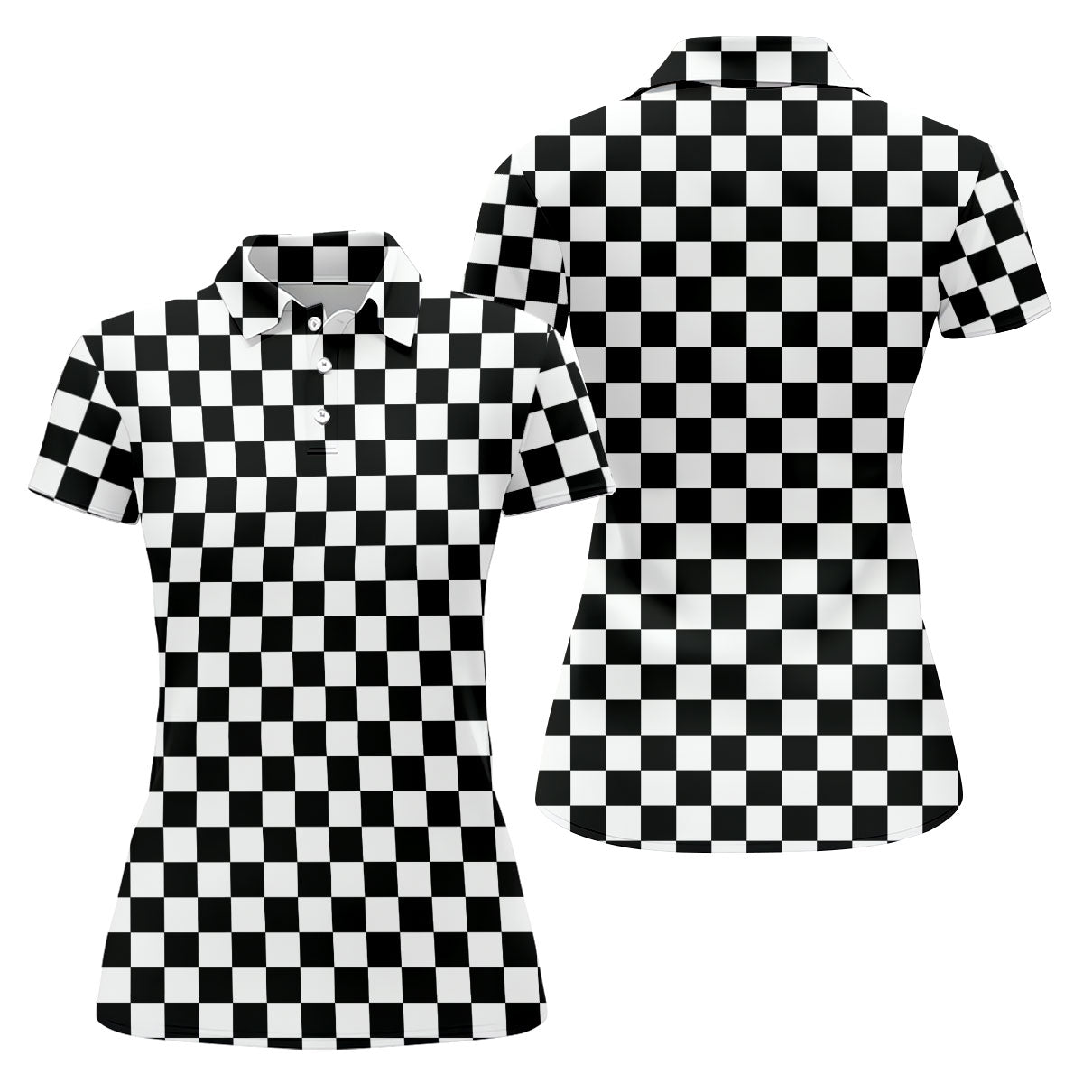 Black White Checkerboard Racing Pattern Golf Shirt, Ladies Golf Shirts, Golf Polo For Women, Performance Golf Shirt