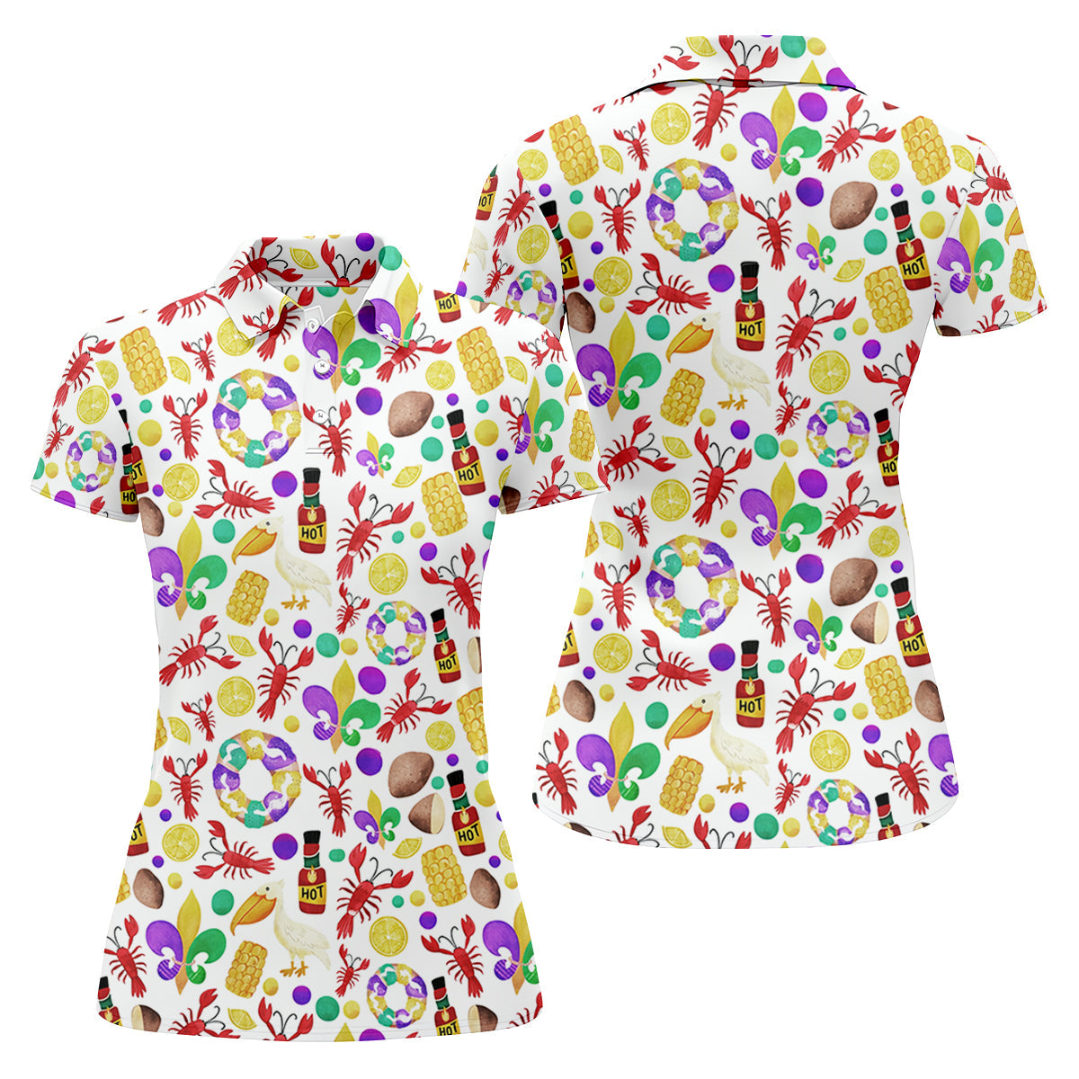 Fleur De Lis Flower White Pelican Lobster Hot Sauce Mardi Gras Golf Shirt, Women Golf Top, Ladies Golf Polos