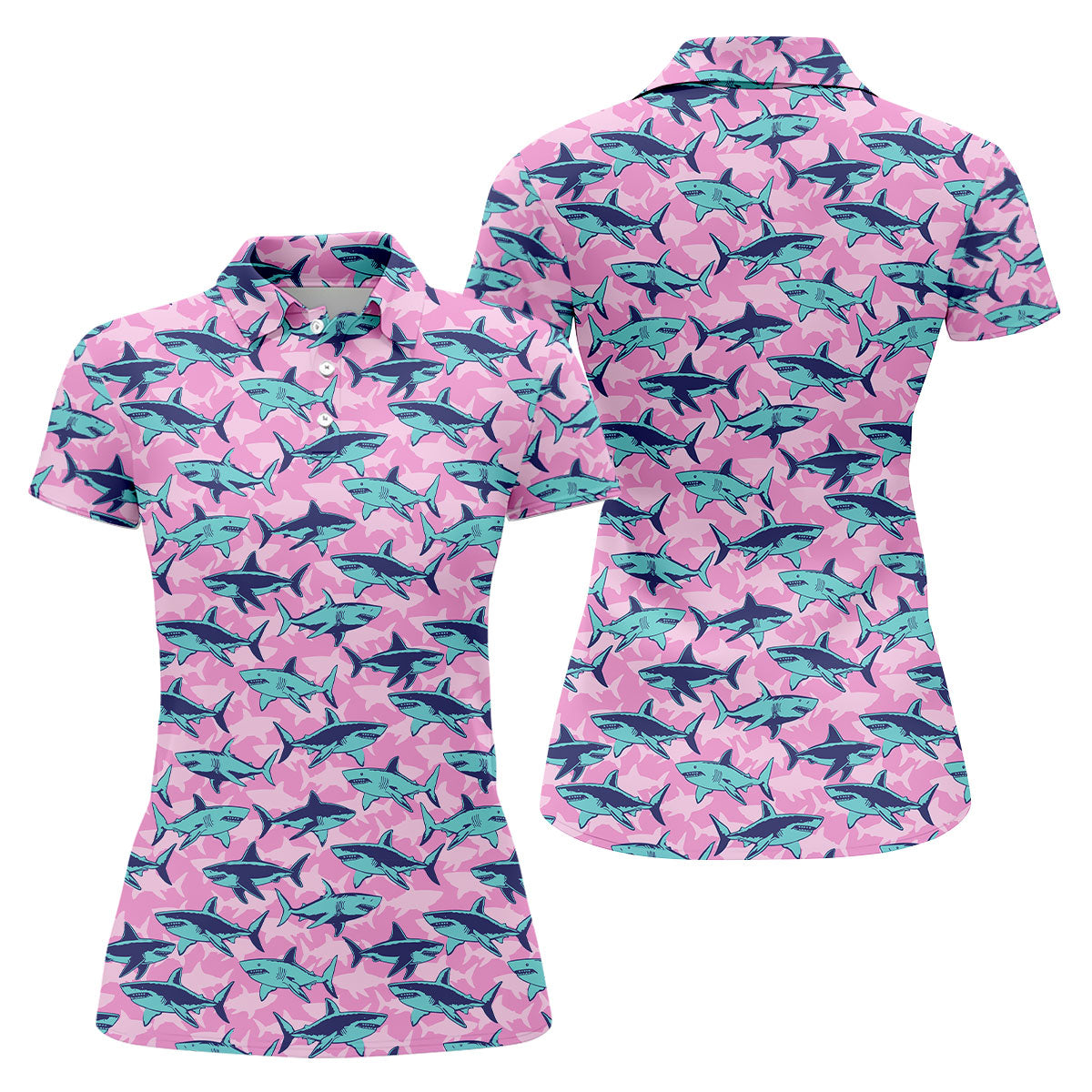 Shark Pattern Hawaiian Golf Shirt, Pink Golf Shirt, Golf Shirt For Women, Golfing Apparel