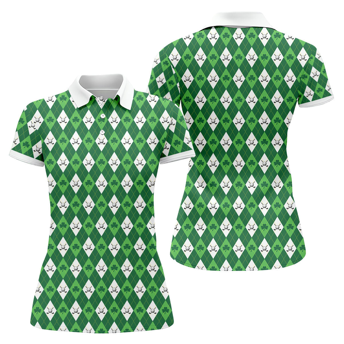 St Patrick's Day Shamrock Argyle Pattern Green And White Argyle Golf Shirt, Women's Golf Tops, Ladies Golf Polos