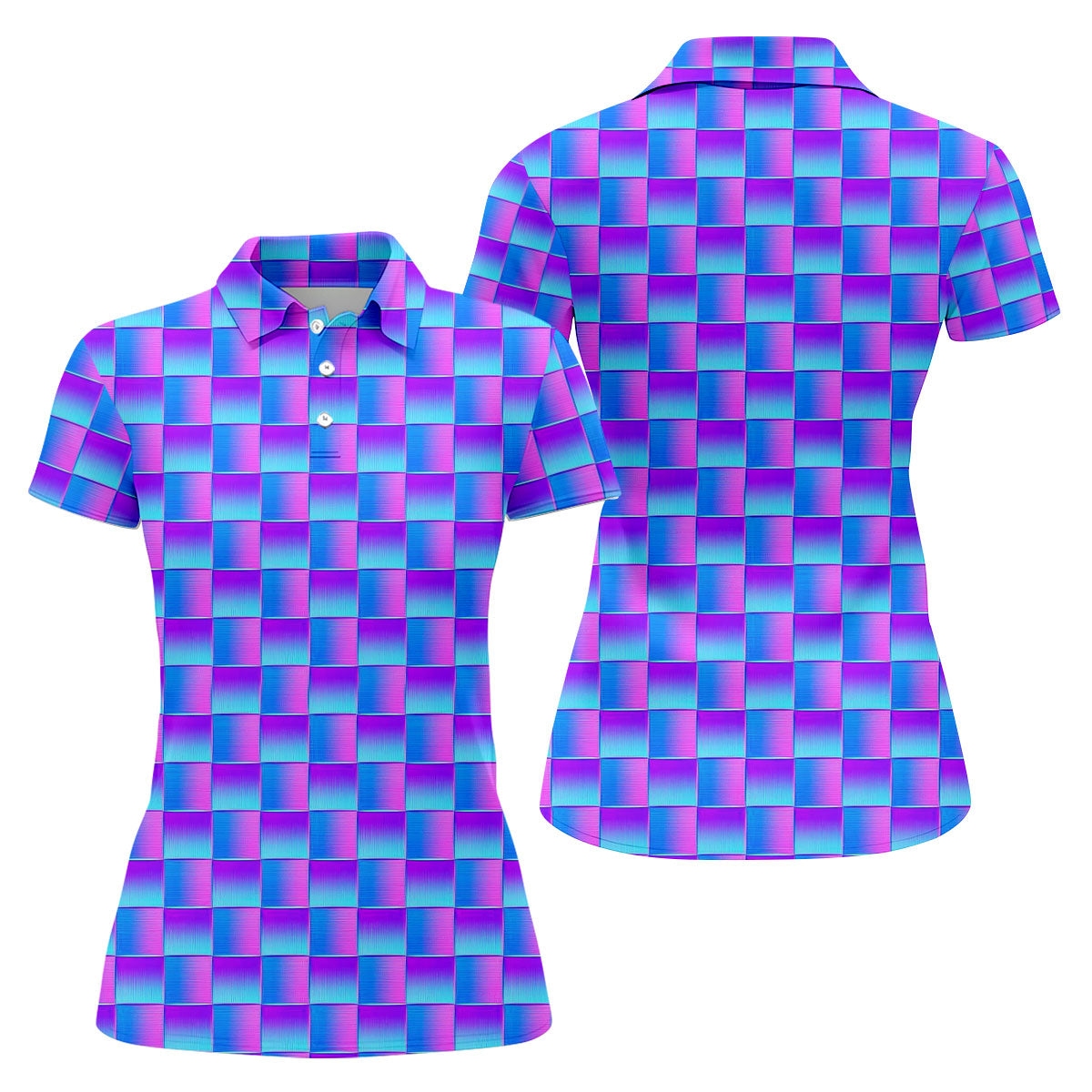 Purple Blue Gradient Checkered Pattern Golf Shirt, Ladies Golf Shirts, Women’s Golf Apparel, Printed Golf Shirt