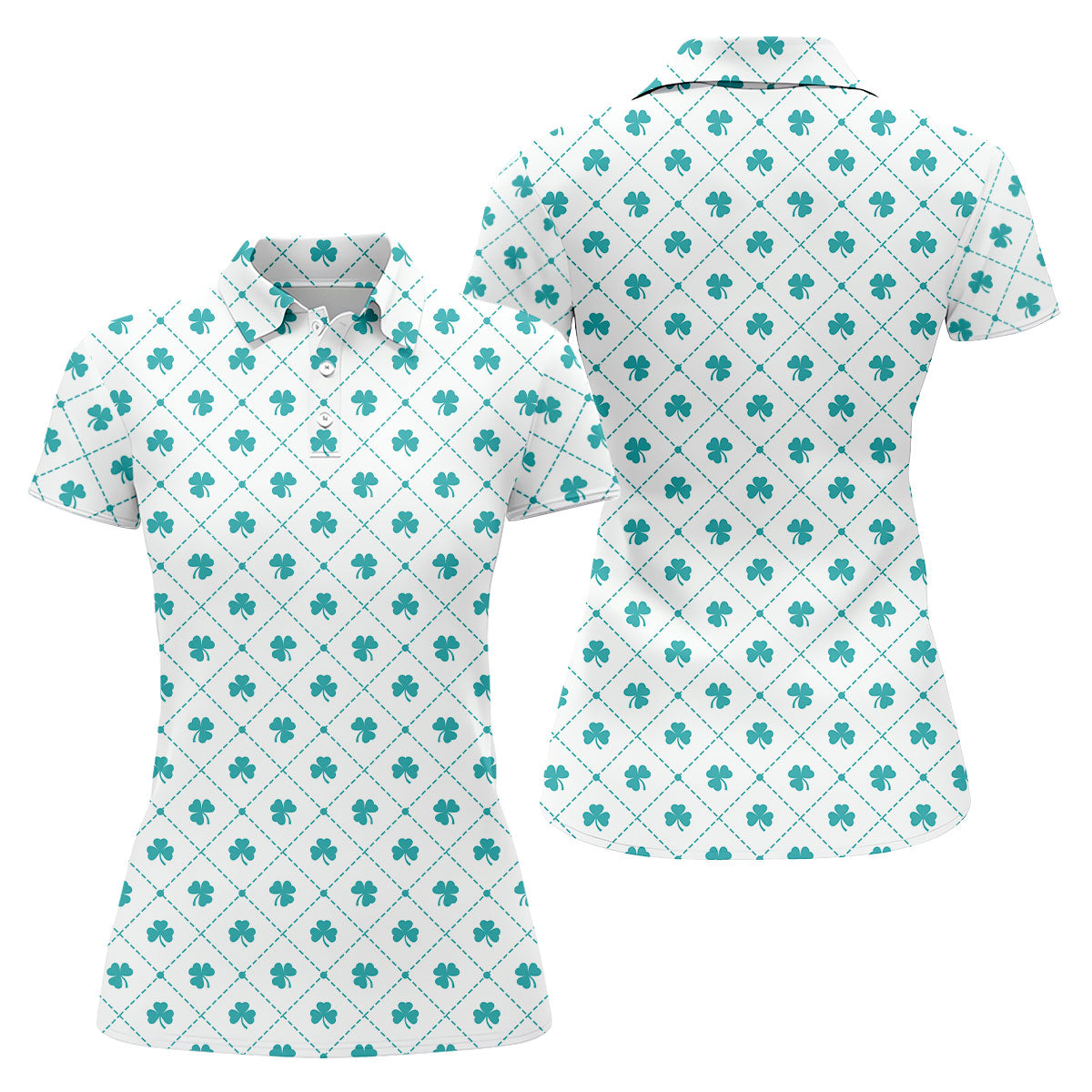 Grid Pattern Shamrock Golf Shirt, St Patrick's Day Women's Golf Tops, Ladies Golf Polos, Golf Shirt For Women