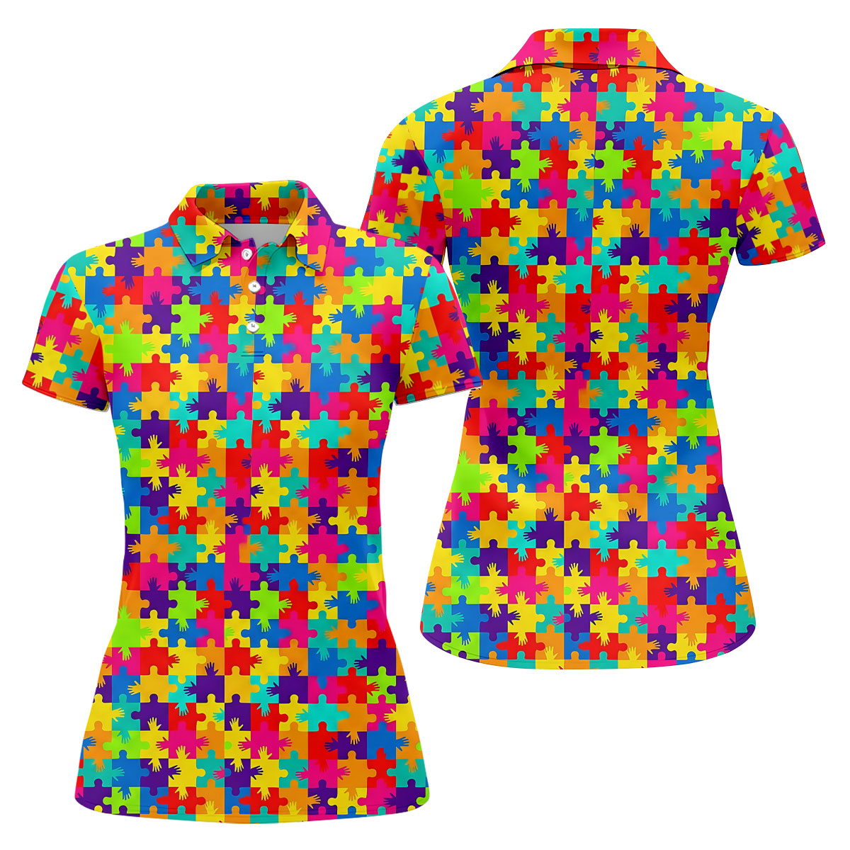 Colorful Handprints Autism Awareness Puzzle Golf Shirt For Women, Ladies Golf Shirts, Women's Polo Shirt