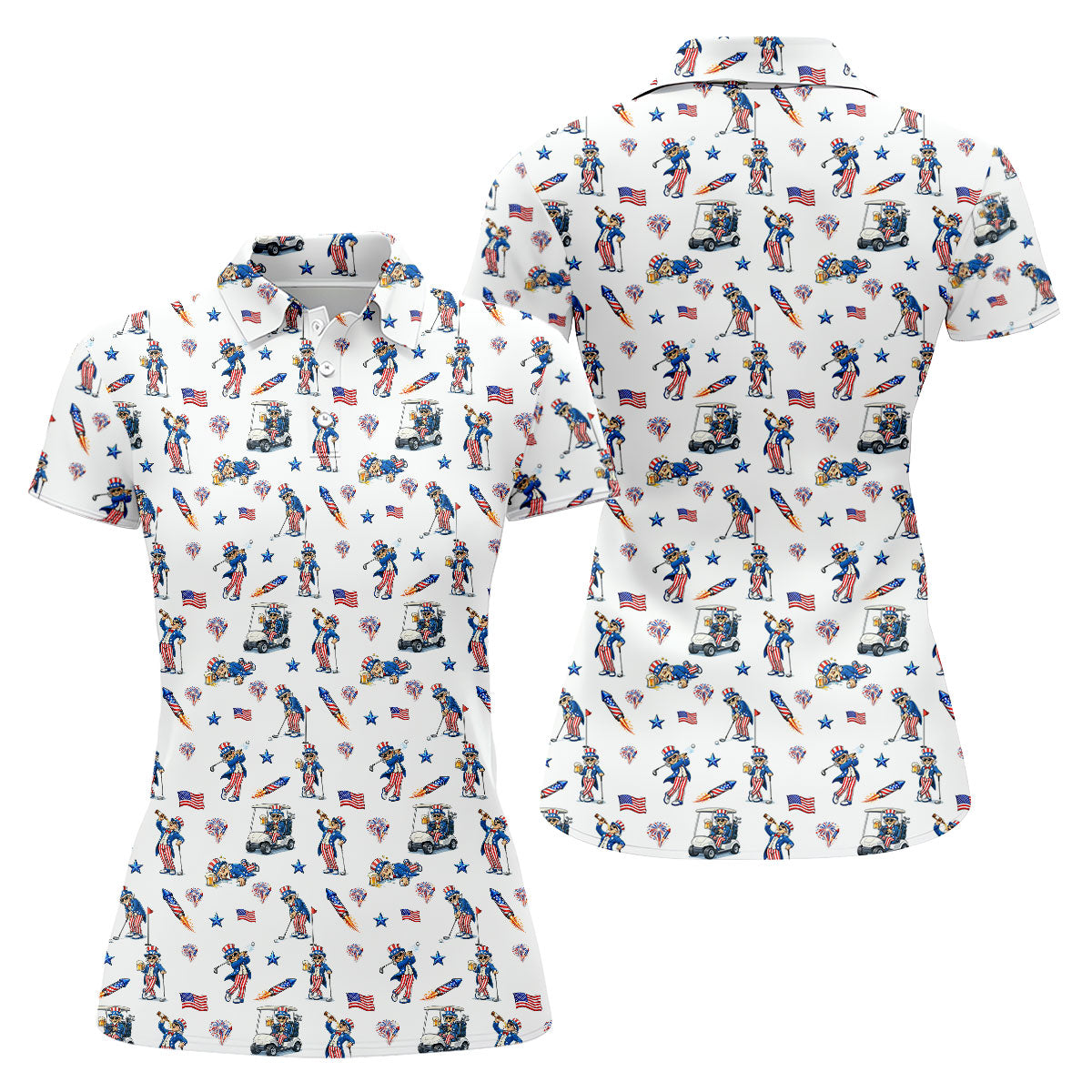 Patriotic Man Golf And Beer Funny 4th Of July White Golf Shirt, 250 Years Seamless Pattern Women's Golf Tops