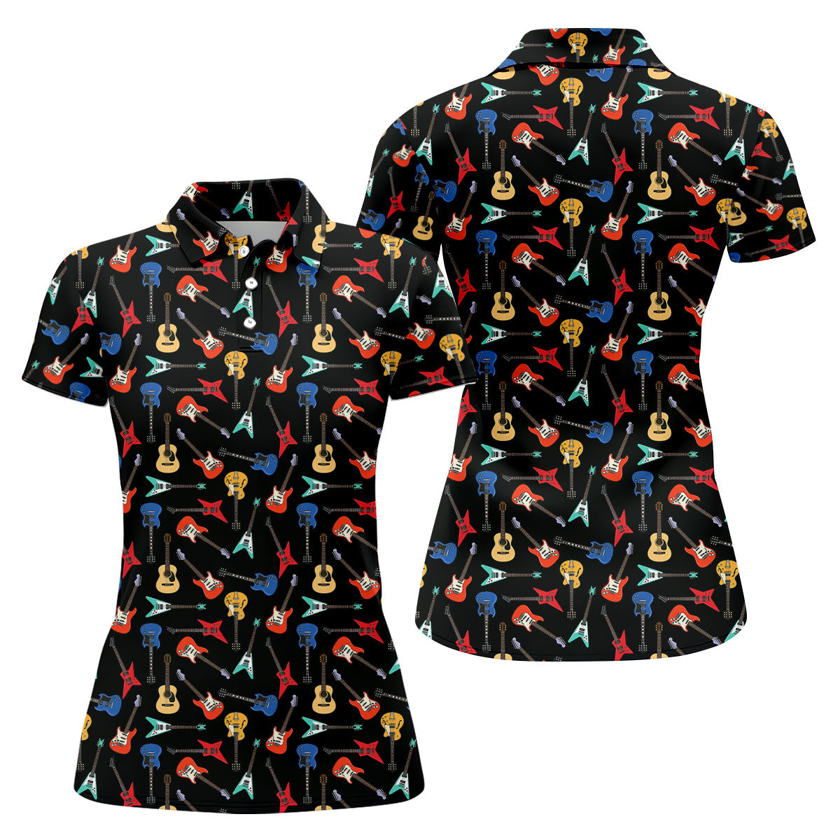 Electric Guitar Pattern Black Golf Shirt, Women’s Golf Polo, Golf Shirts For Women, Printed Golf Shirt
