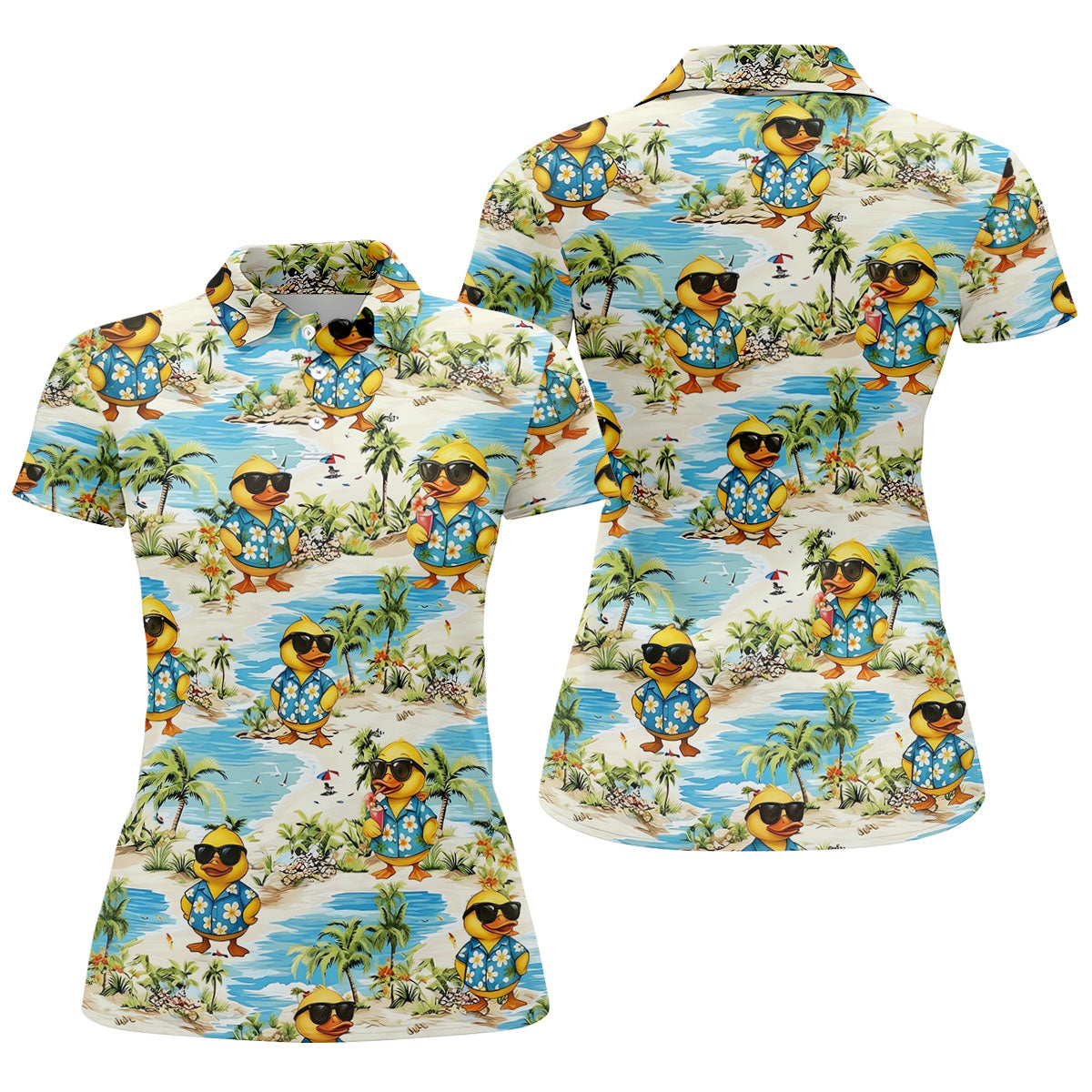 Cute Funny Duck Hawaiian Golf Shirt, Beach Theme Women's Golf Tops, Ladies Golf Shirts