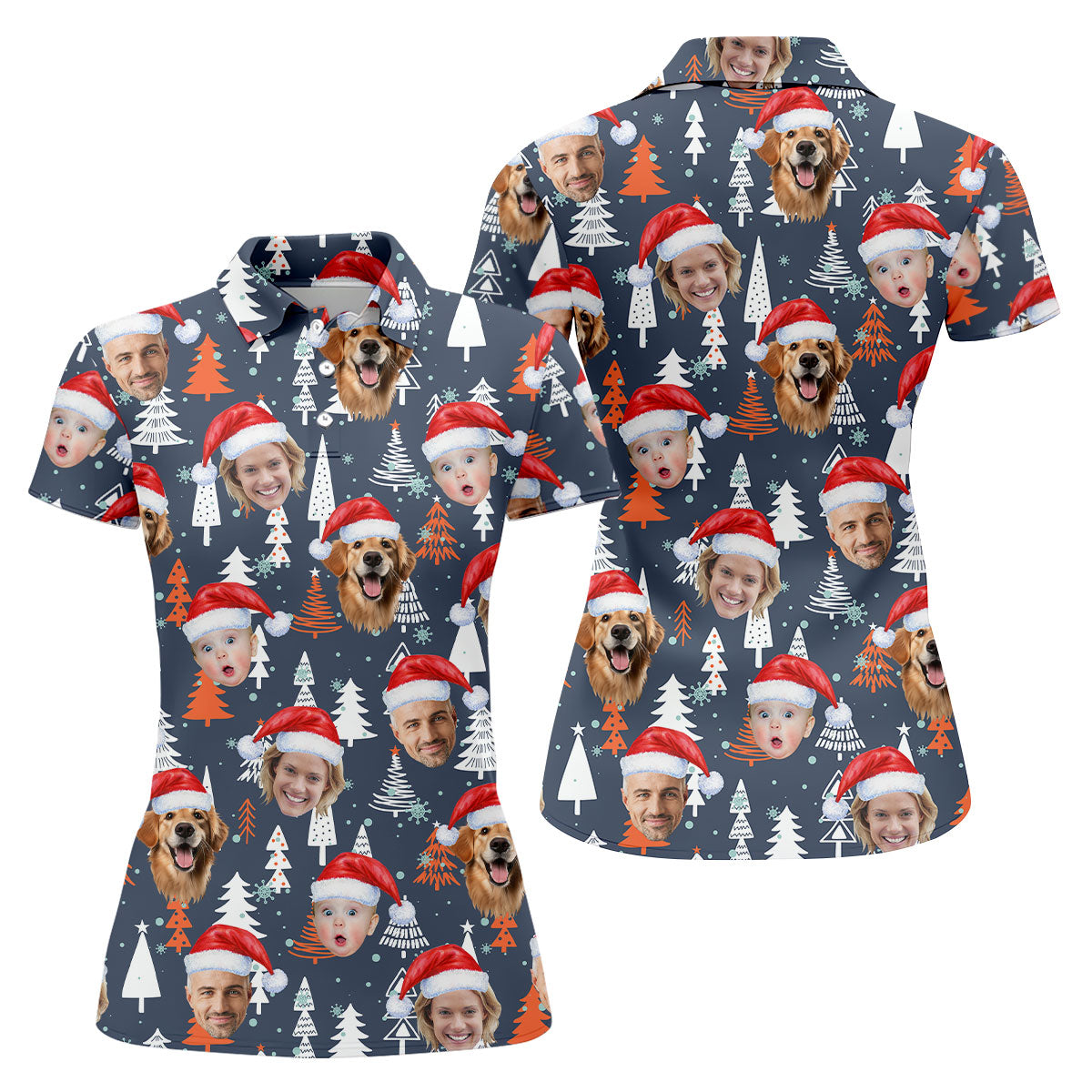 Custom Face White And Orange Xmas Pine Tree Christmas Golf Shirt, Ladies Golf Tops, Golf Gifts For Women