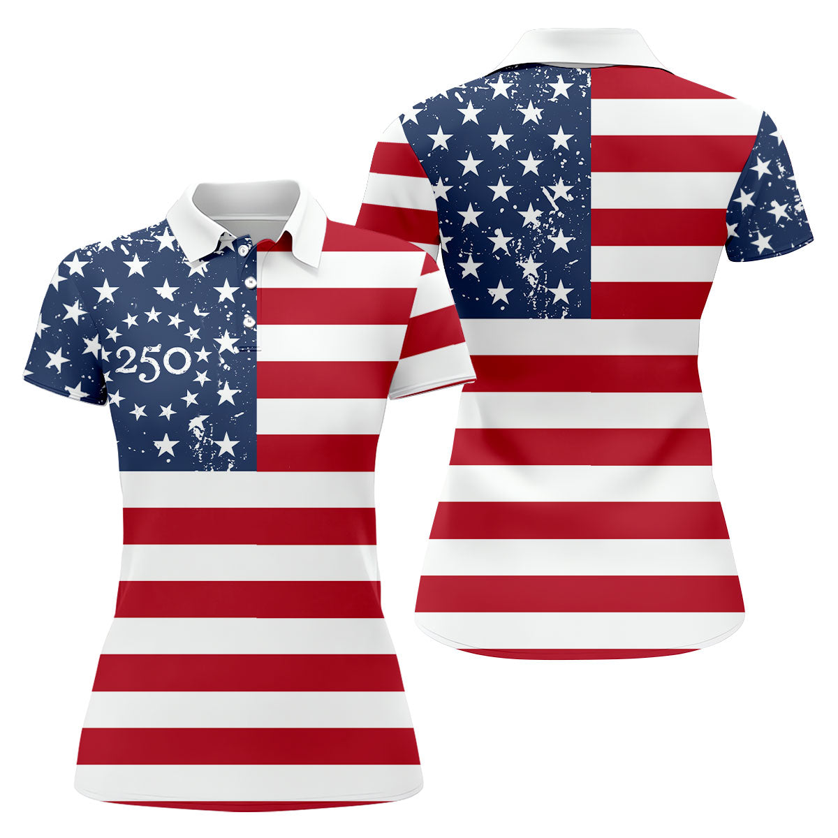 USA Flag Pattern Vintage Golf Shirt, 250th Anniversary Patriotic Golf Shirt, 4th Of July Women's Golf Tops