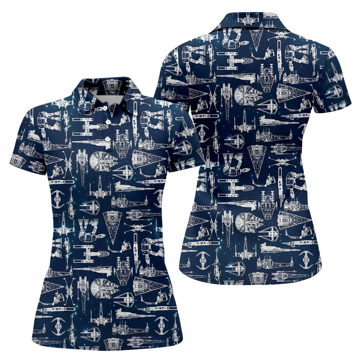 Line-art Sketches Sci-Fi Spacecraft Dark Navy Women's Golf Tops, Ladies Golf Shirts, Ladies Golf Polos