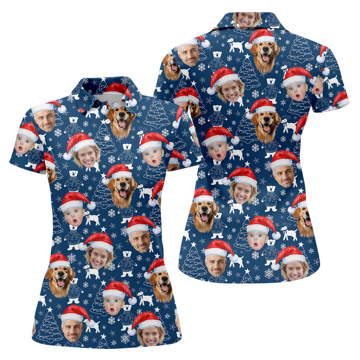 Custom Face Snow Figure Navy Golf Shirt, Christmas Golf Shirt, Women's Golf Tops, Ladies Golf Shirts