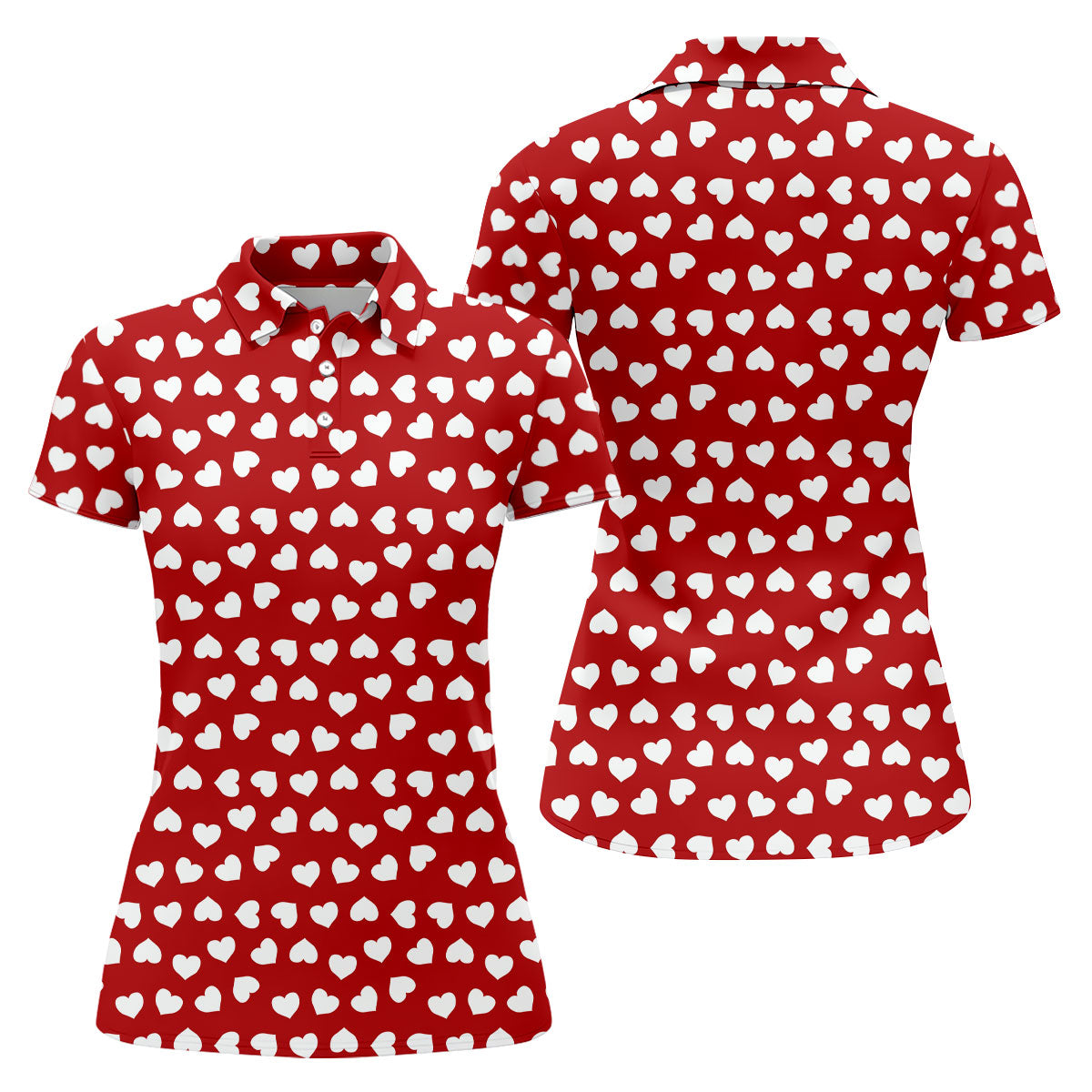White And Red Heart Pattern Women's Golf Tops, Valentine Golf Gift, Ladies Golf Polos, Golf Gift For Ladies