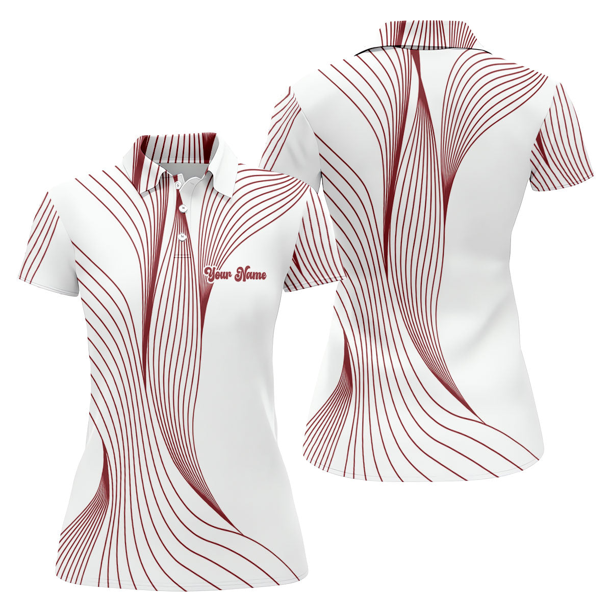 Geometric Line Wavy Line Red And White Custom Name Women's Golf Tops, Ladies Golf Shirts, Women's Polo Shirt