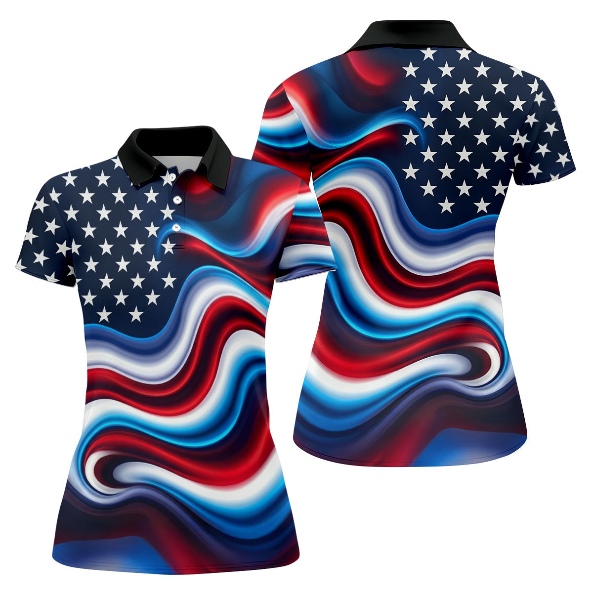 Star Pattern Red White Blue Wavy Stripes 250th Anniversary, Patriotic 4th Of July Golf Shirt For Women