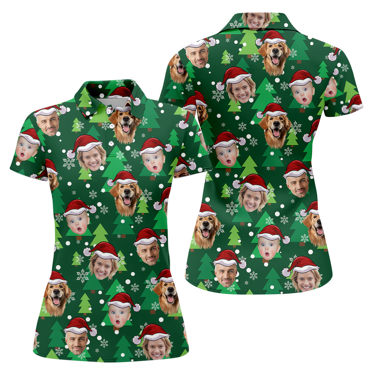 Custom Face Green Christmas Women's Golf Tops, Ladies Golf Shirts, Christmas Golf Gift