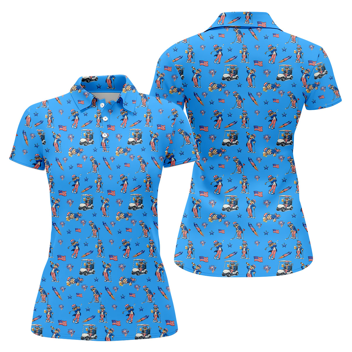 Patriotic Man Golf And Beer Funny 4th Of July Blue Golf Shirt, 250 Years Seamless Pattern Women's Golf Tops