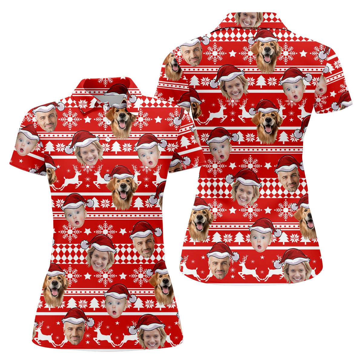 Custom Face Red And White Christmas Women's Golf Tops, Ladies Golf Shirts, Christmas Golf Gift
