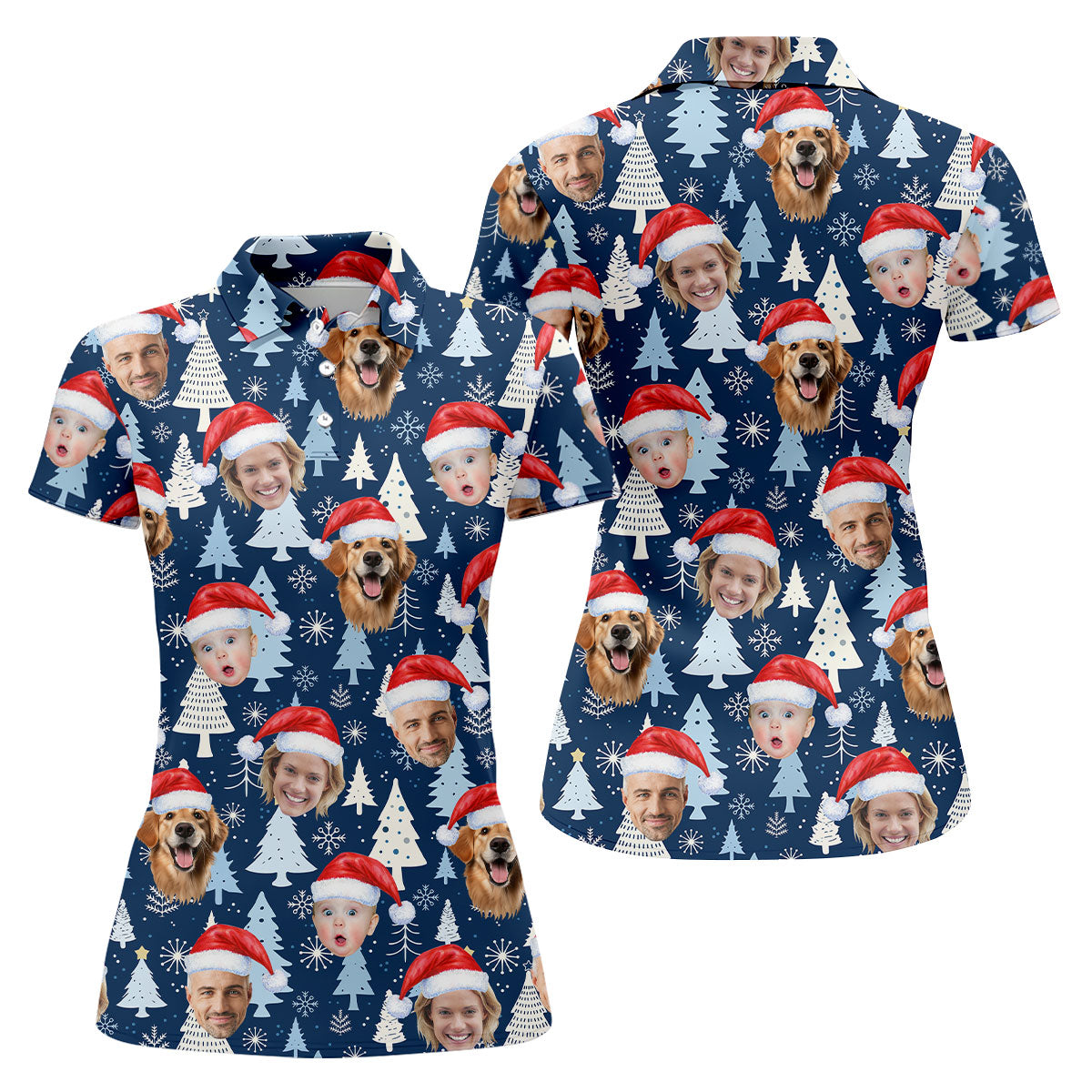 Custom Face Pine Tree Pattern White And Navy Christmas Golf Shirt, Ladies Golf Shirts, Golf Gifts For Women