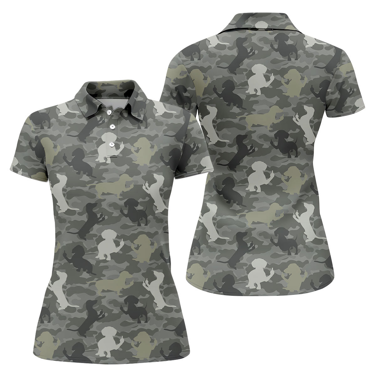 Grey Camo Poodle Dog Pattern Womens Golf Shirt, Womens Polo Shirt, Golf Shirt For Women