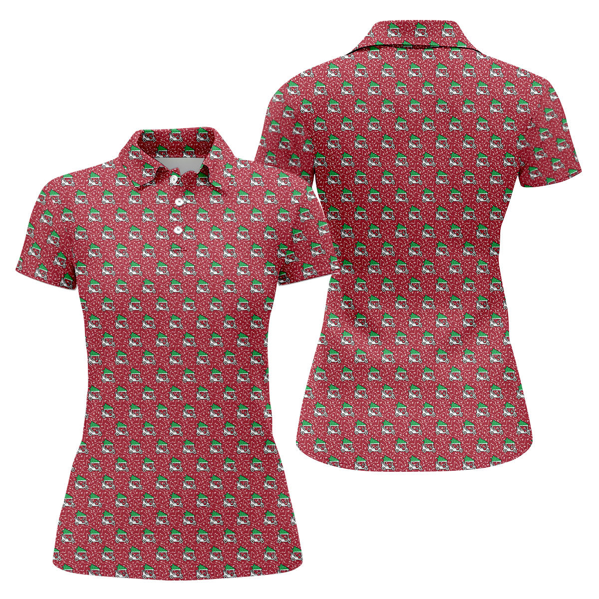 Christmas Golf Cart Pattern Red Women's Golf Tops, Christmas Golf Shirt, Polo ShirtFor Women