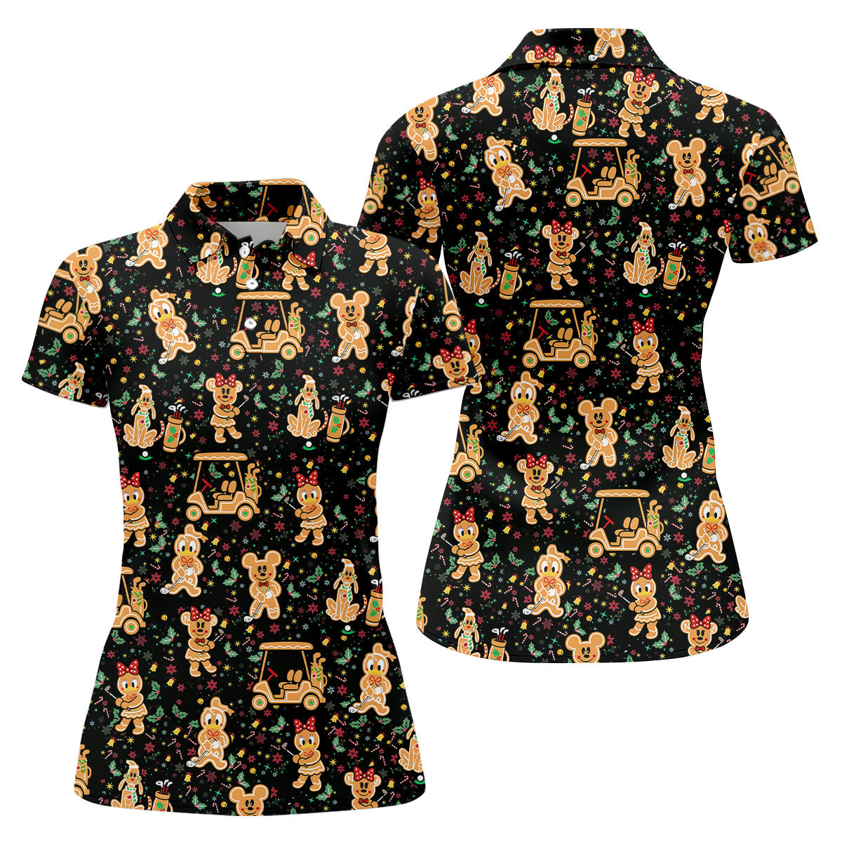 Cartoon Gingerbread Black Golf Shirt, Christmas Golf Shirt, Ladies Golf Shirts, Women's Polo Shirt