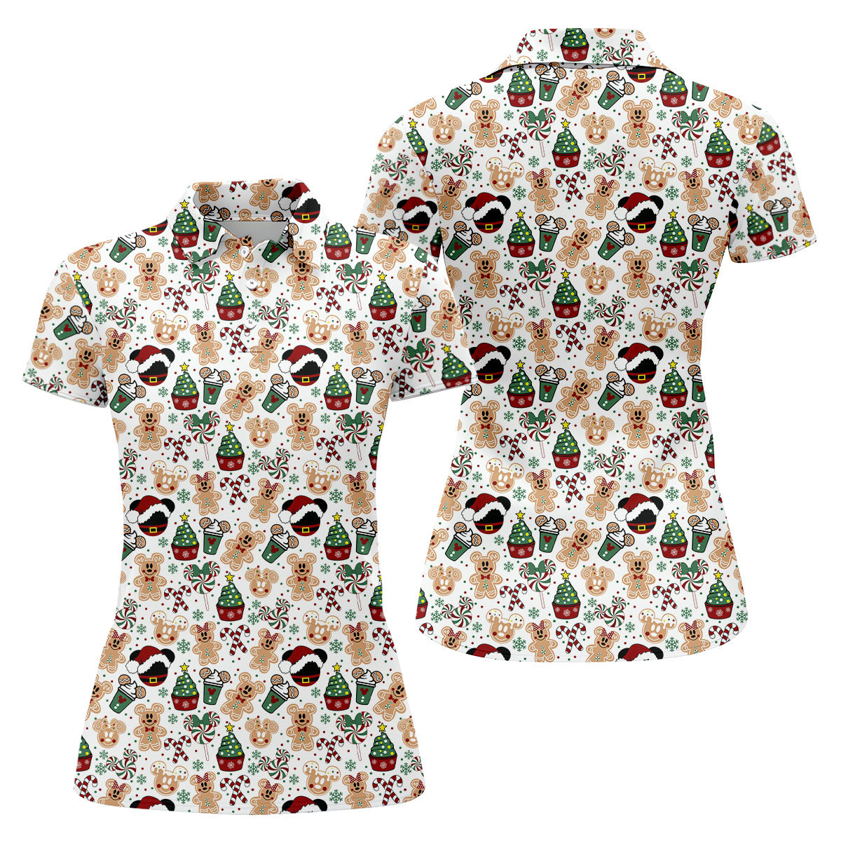 Christmas Sweets Pattern Women Golf Top, Cartoon Print Ladies Golf Polos, Christmas Golf Shirt, Golfing Apparel
